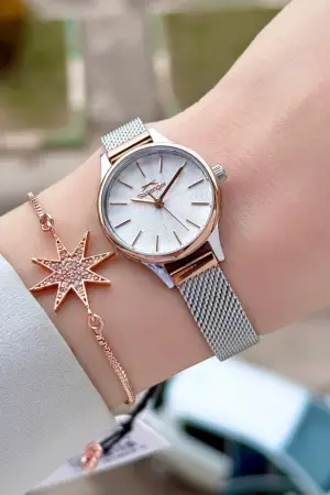 Rose Gümüş Renk Kadın Kol Saati ve Bileklik