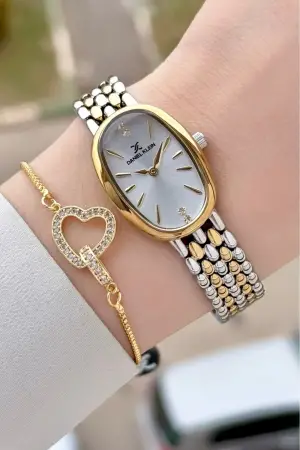 Gold Gümüş Renk Kadın Kol Saati ve Bileklik