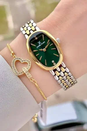 Kadranı Yeşil Kordonu Gold Gümüş Renk Kadın Kol Saati ve Bileklik