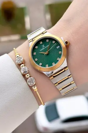 Kadranı Yeşil Kordonu Gold Gümüş Renk 30 Mm Kadın Kol Saati ve Bileklik