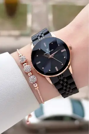 Kasası Rose Kordonu Siyah Renk 32 Mm Kadın Kol Saati ve Bileklik