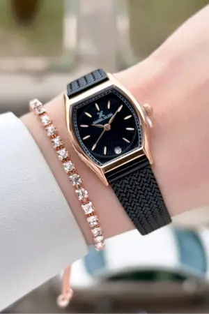 Kasası Rose Kordonu Siyah Renk Kadın Kol Saati ve Bileklik