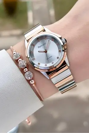 Rose Gümüş Renk Kadın Kol Saati ve Bileklik
