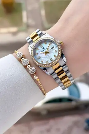 Gold Gümüş Renk 28 Mm Kadın Kol Saati ve Bileklik