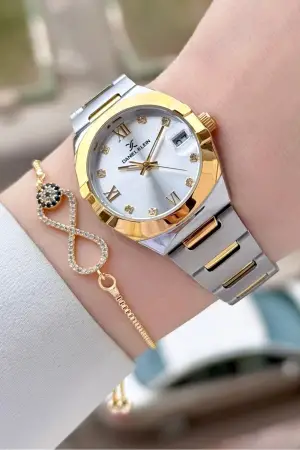 Gold Gümüş Renk 30 Mm Kadın Kol Saati ve Bileklik