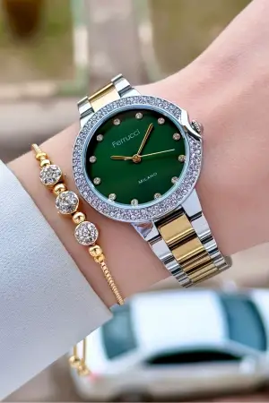 Kadranı Yeşil Kordonu Gold Gümüş Renk Kadın Kol Saati ve Bileklik