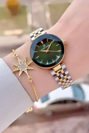 Kadranı Yeşil Kordonu Gold Gümüş Renk 30 Mm Kadın Kol Saati ve Bileklik