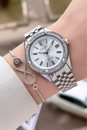 Gümüş Renk 34 Mm Kadın Kol Saati ve Bileklik