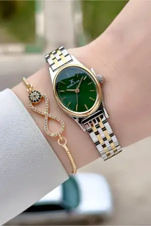 Gold Gümüş Yeşil Renk Hediye Paketli Kadın Kol Saati ve Bileklik