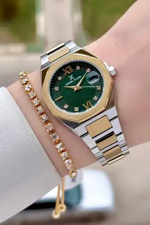 Gold Gümüş Yeşil Renk Hediye Paketli 30 Mm Kadın Kol Saati ve Bileklik