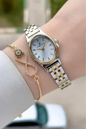 Gold Gümüş Renk Hediye Paketli Kadın Kol Saati ve Bileklik