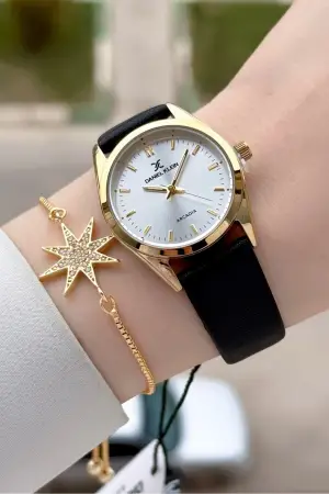 Kasası Gold Kordonu Siyah Renk Hediye Paketli Kadın Kol Saati ve Bileklik