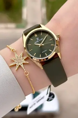 Kasası Gold Kordonu Yeşil Renk Hediye Paketli Kadın Kol Saati ve Bileklik