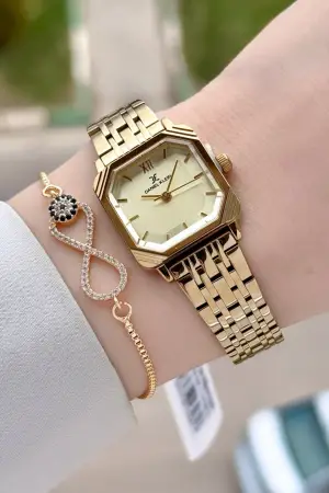 Kadranı Sarı Kordonu Gold Renk Hediye Paketli 23 Mm Kare Kadın Kol Saati ve Bileklik