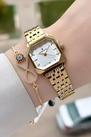 Gold Hediye Paketli 23 Mm Kare Kadın Kol Saati ve Bileklik