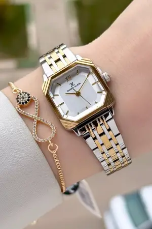 Gold Gümüş Renk Hediye Paketli 23 Mm Kare Kadın Kol Saati ve Bileklik