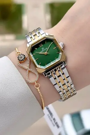 Gold Gümüş Yeşil Renk Hediye Paketli 23 Mm Kare Kadın Kol Saati ve Bileklik