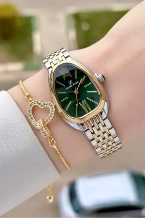 Kadranı Yeşil Kodronu Gold Gümüş Renk 25 Mm Kadın Kol Saati ve Bileklik