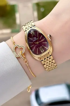 Kadranı Bordo Kodronu Gold Renk 25 Mm Kadın Kol Saati ve Bileklik
