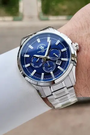 Santa Barbara Polo & Racquet Club Kadranı Lacivert Kordonu Gümüş Renk 45 mm Erkek Kol Saati