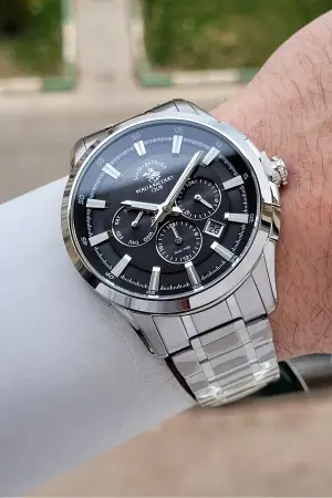 Santa Barbara Polo & Racquet Club Kadranı Siyah Kordonu Gümüş Renk 45 mm Erkek Kol Saati