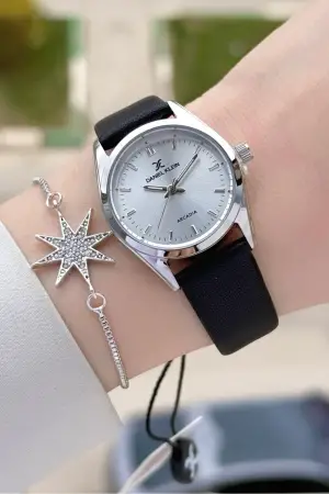 Kasası Gümüş Kordonu Siyah Renk Hediye Paketli Kadın Kol Saati ve Bileklik