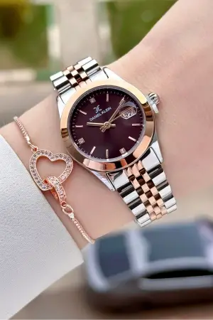 Kadranı Kahverengi Kodronu Rose Gümüş Renk 30 Mm Kadın Kol Saati ve Bileklik
