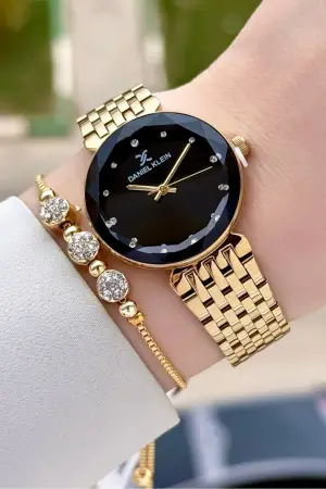 Kadranı Siyah Kordonu Gold Renk 30 mm Kadın Kol Saati ve Bileklik