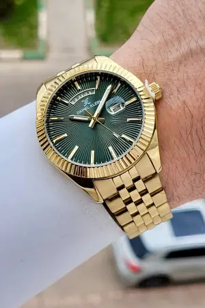 Kadranı Yeşil Kordonu Gold Renk Hediye Paketli Erkek Kol Saati