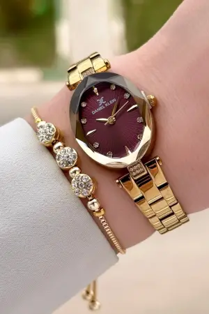 Kadranı Bordo Kordonu Gold Renk 22 mm Kadın Kol Saati ve Bileklik