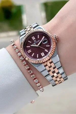Kadranı Bordo Kordonu Rose Gümüş Renk 30 mm Kadın Kol Saati ve Bileklik