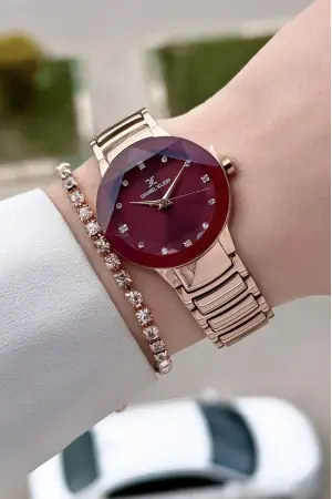 Kadranı Bordo Kodronu Rose Renk 30 Mm Kadın Kol Saati ve Hediye Bileklik