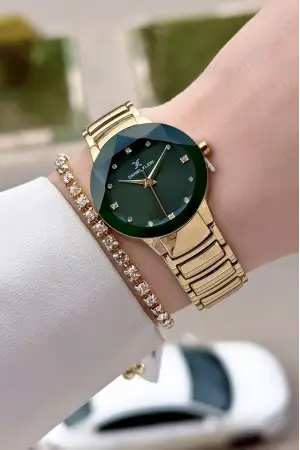Kadranı Yeşil Kodronu Gold Renk 30 Mm Kadın Kol Saati ve Hediye Bileklik