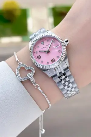 Kadranı Pembe Kordonu Gümüş Renk Kadın Kol Saati