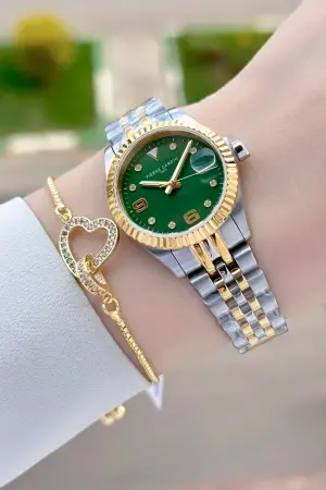 Kadranı Yeşil Kordonu Gold Gümüş Renk Kadın Kol Saati