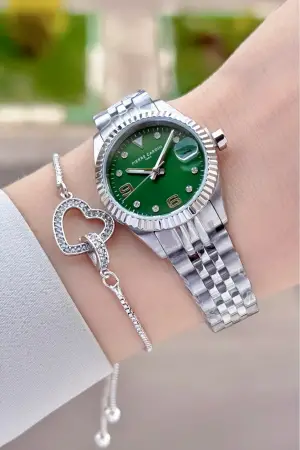 Kadranı Yeşil Kordonu Gümüş Renk Kadın Kol Saati