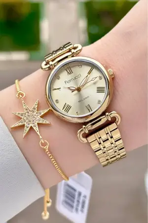 Gold Renk Kadın Kol Saati ve Bileklik