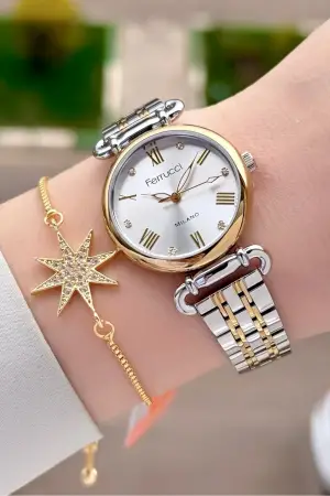 Gold Gümüş Renk Kadın Kol Saati ve Bileklik