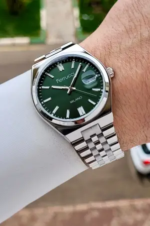 Kadranı Yeşil Kordonu Gümüş Renk 40 Mm Erkek Kol Saati
