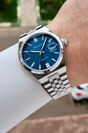 Kadranı Mavi Kordonu Gümüş Renk 40 Mm Erkek Kol Saati