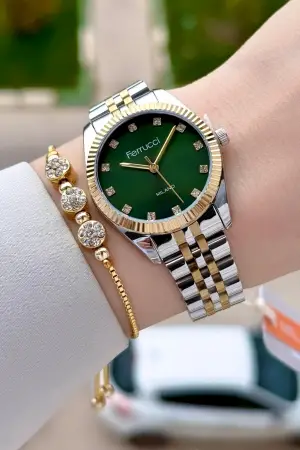 Kadranı Yeşil Kordonu Gold Gümüş Renk Kadın Kol Saati Ve Bileklik