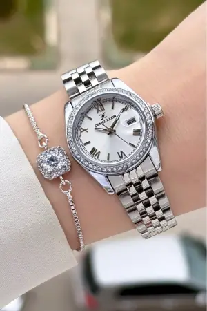 Gümüş Renk 28 Mm Kadın Kol Saati ve Hediye Baget Bileklik