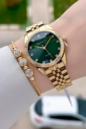 Kadranı Yeşil Kordonu Gold Renk Kadın Kol Saati ve Bileklik