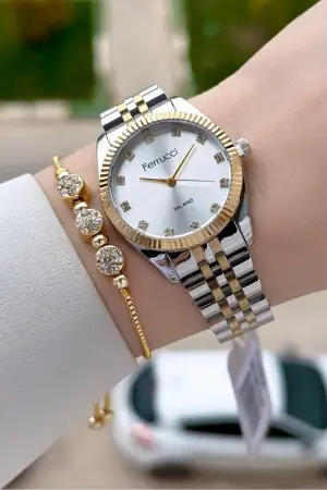 Gold Gümüş Renk Kadın Kol Saati ve Bileklik