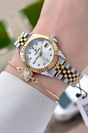 Gold Gümüş Renk 28 mm Kadın Kol Saati ve Bileklik