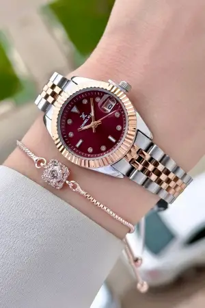 Kadranı Bordo Kordonu Rose Gümüş Renk 28 Mm Kadın Kol Saati ve Bileklik