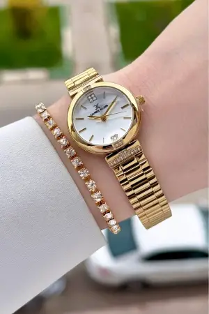 Gold Renk 26 Mm Kadın Kol Saati ve Bileklik