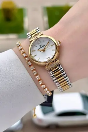 Gold Gümüş Renk 26 Mm Kadın Kol Saati ve Bileklik