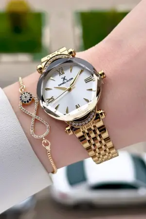 Gold Renk Kesme Camlı Kadın Kol Saati Ve Bileklik
