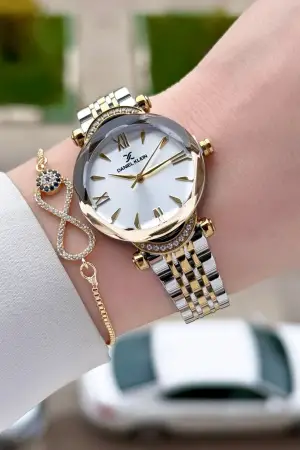 Gold Gümüş Renk Kesme Camlı Kadın Kol Saati Ve Bileklik